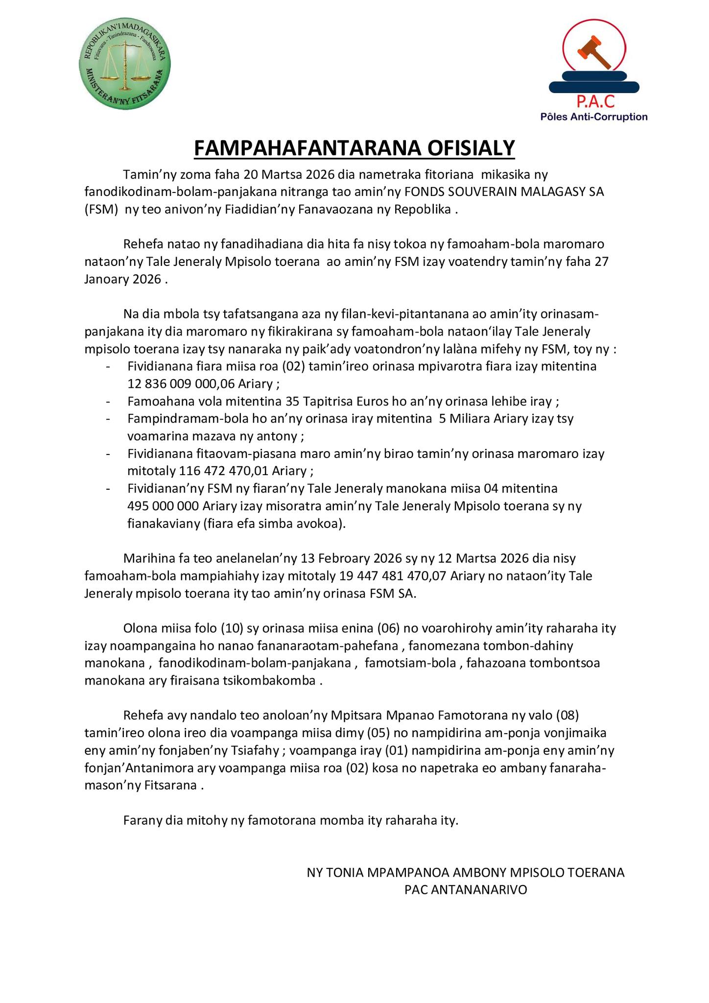 Fampahafantarana avy amin'ny PAC (Pôle Anti-Corruption).