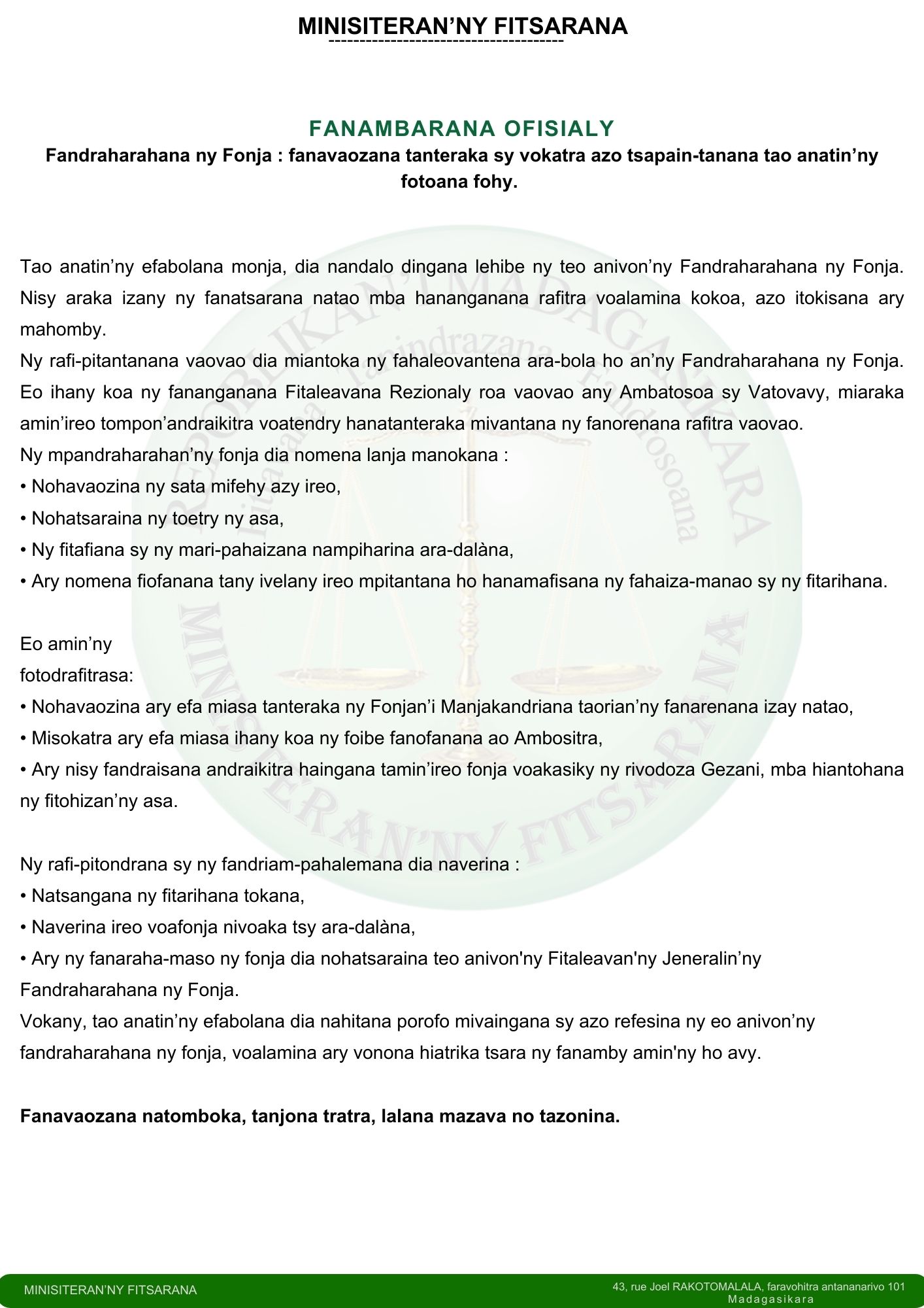 Fandraharahana ny fonja: Vokatra sy fanavaozana.