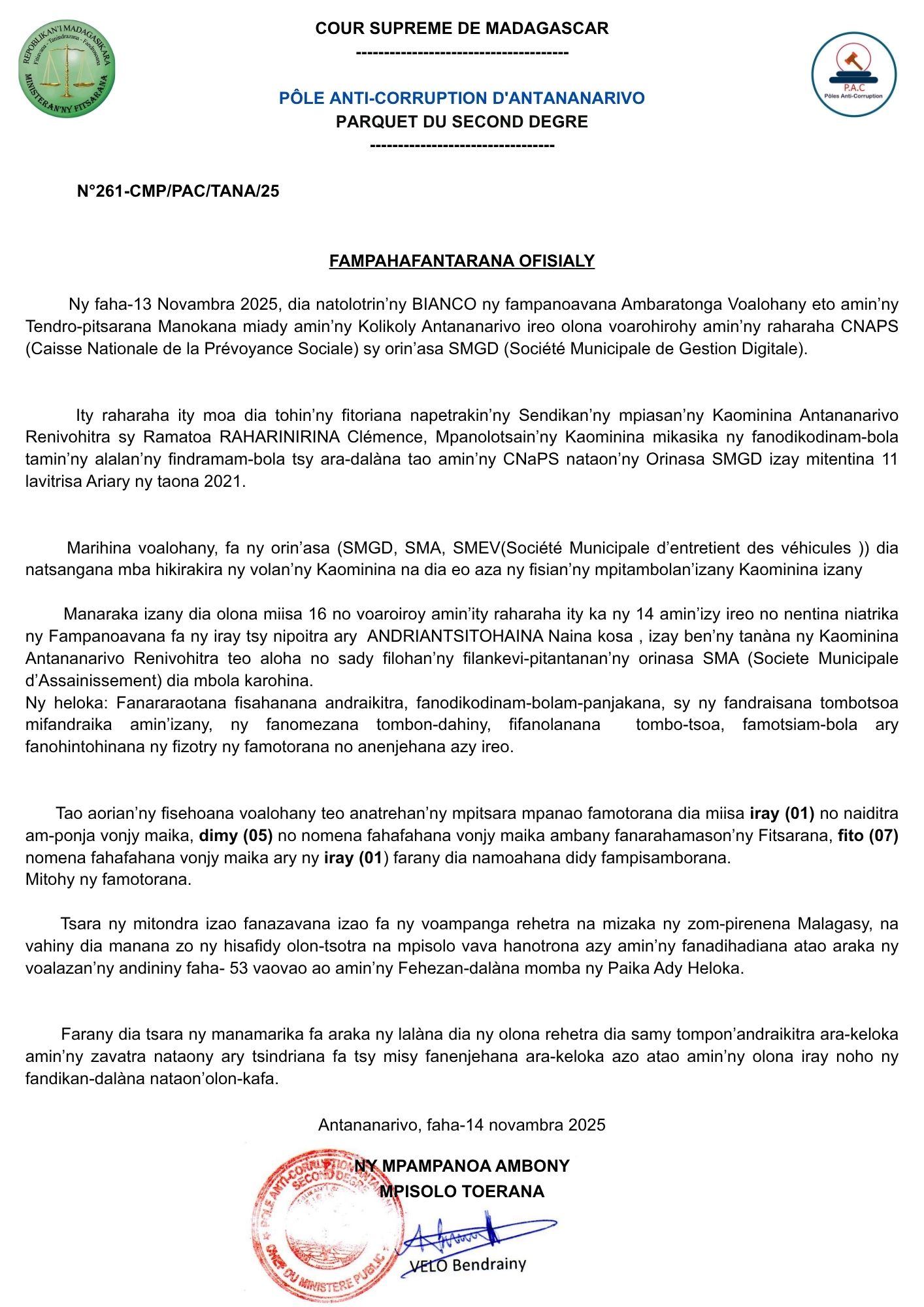 FAMPAHAFANTARANA OFISIALY AVY AMIN'NY TENDROM-PITSARANA MISAHANA NY ADY AMIN'NY KOLIKOLY ETO ANTANANARIVO