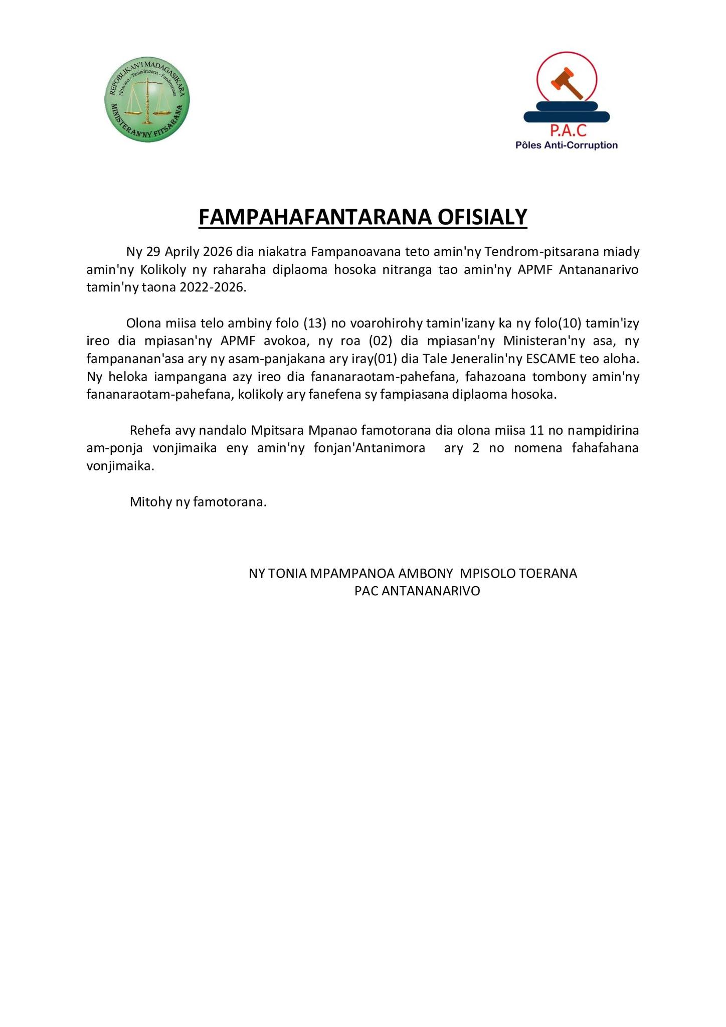Fanambarana mahakasika ny raharaha diplaoma hosoka.
