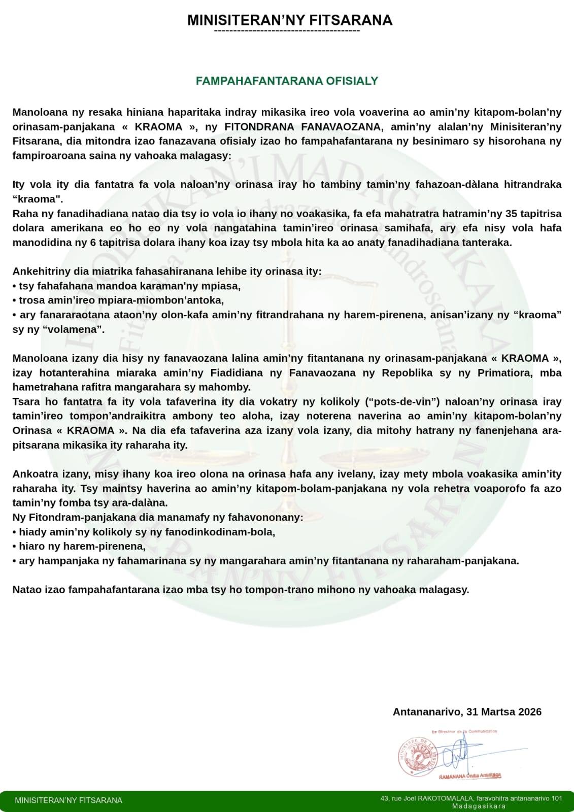 Fampahafantarana mahakasika ny orinasam-panjakana KRAOMA.