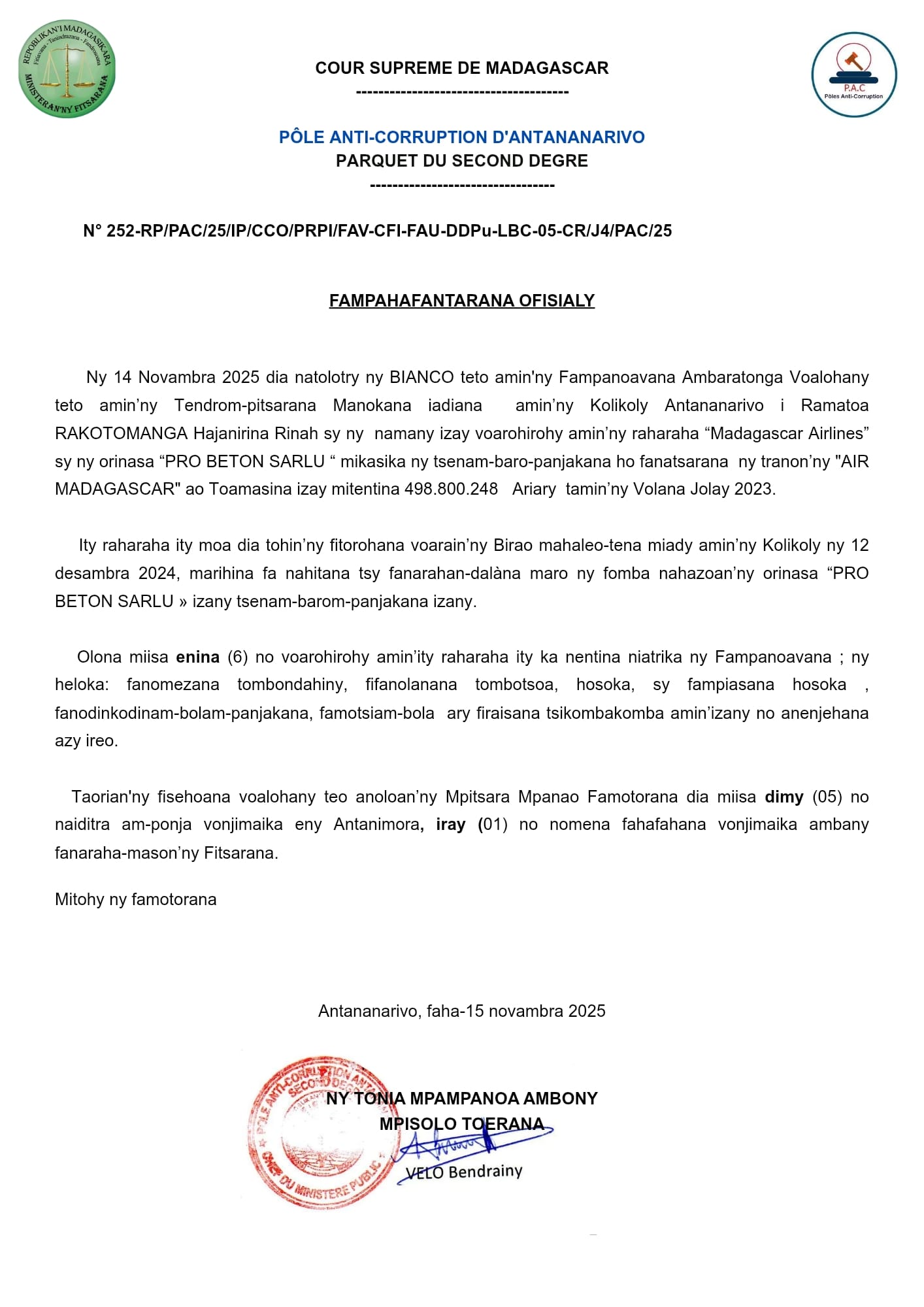 FAMPAHAFANTARANA OFISIALY