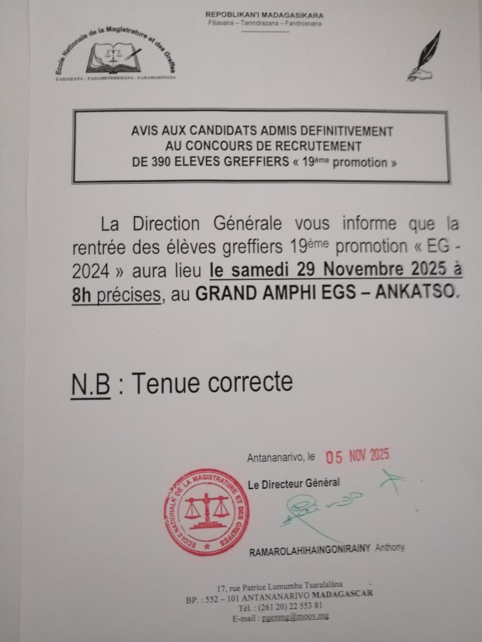Avis aux candidats admis définitivement.